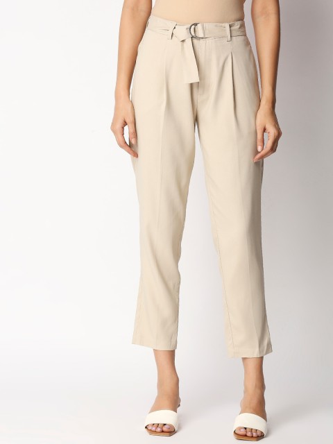 

20Dresses Women Beige Loose Fit Pleated Cropped Peg Trousers