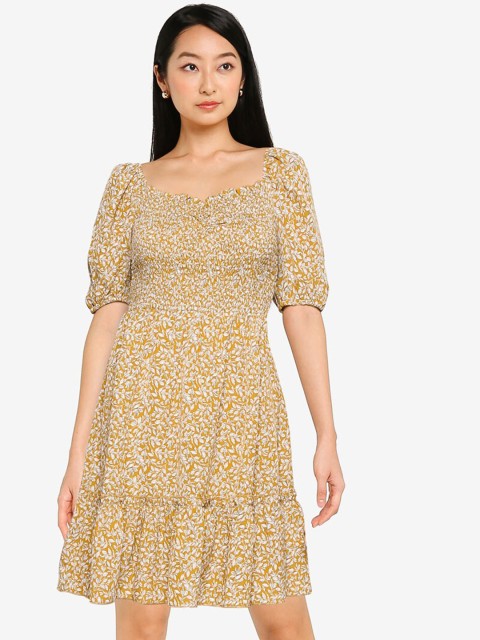 

ZALORA BASICS Mustard Yellow Floral A-Line Smocking Dress