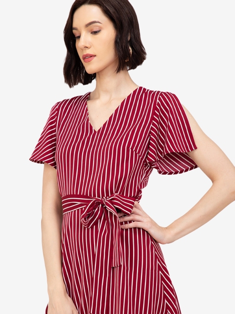 

ZALORA WORK Women Red & Off White Striped Split Sleeves Belted A-Line Dress