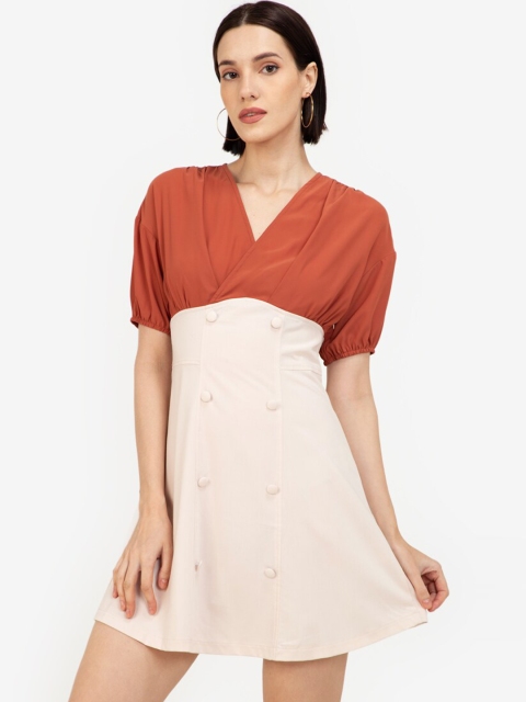 

ZALORA WORK Brown & Cream Colourblocked A-Line Dress