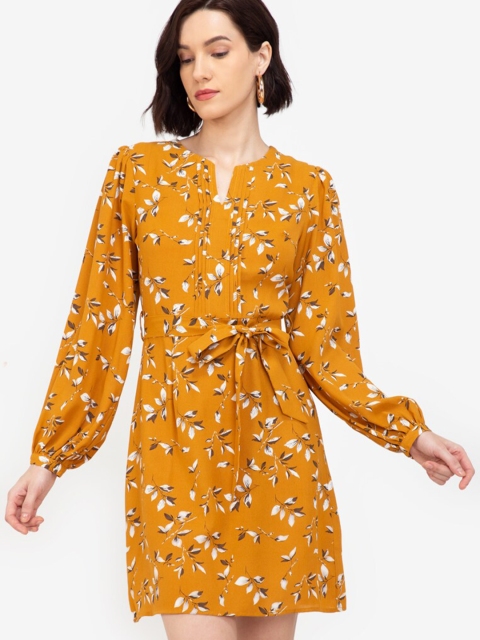 

ZALORA WORK Women Mustard Yellow & White Floral Bishop Sleeves A-Line Dress