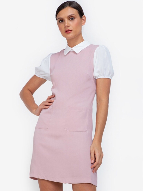 

ZALORA WORK Pink & White Colourblocked Puff Sleeves Sheath Dress