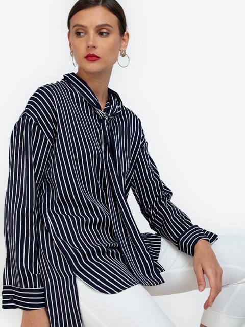 

ZALORA WORK Multicoloured High Neck Tie-Up Striped Tunic, Multi