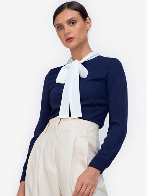 

ZALORA WORK Women Navy Blue & White Tie-Up Neck Top