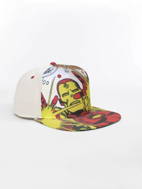 

BONKIDS Boys White & Yellow Iron Man Printed Snapback Cap