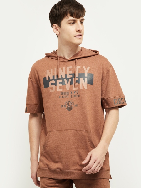 

max Men Brown Printed Hooded Sweatshirt