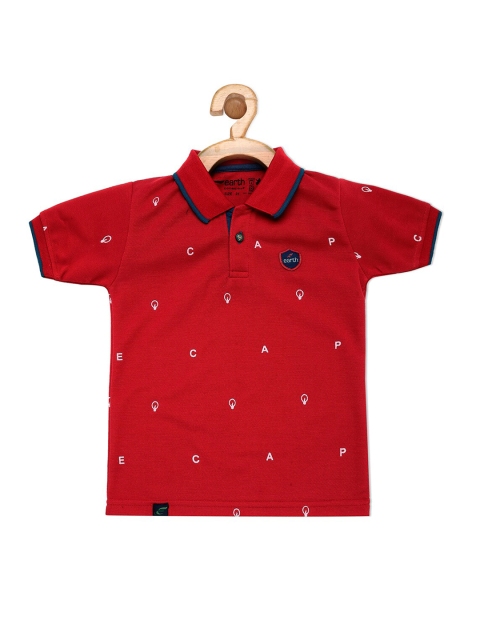 

earth conscious Boys Red Printed Polo Collar Regular Fit Pure Cotton T-shirt