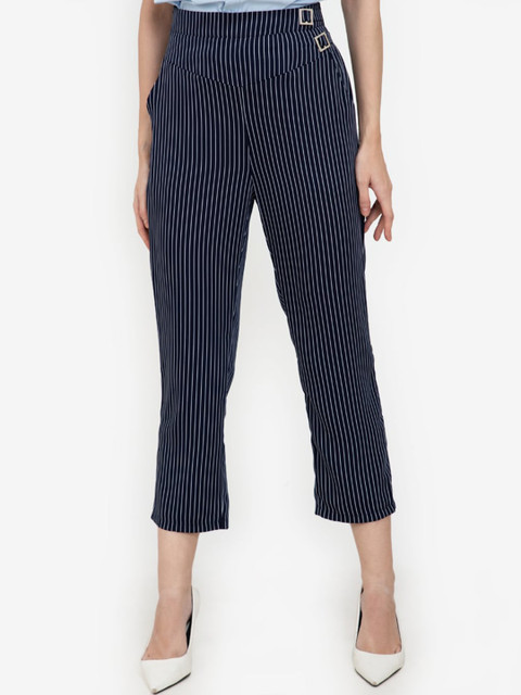 

ZALORA WORK Women Navy Blue Striped Slim Fit High-Rise Trousers