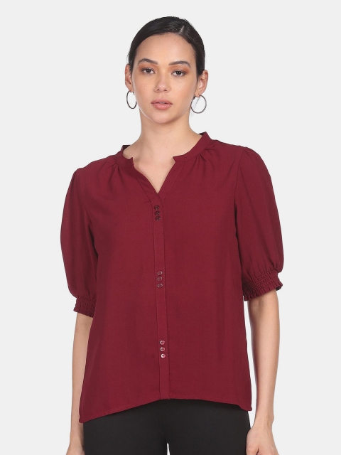 

SHFFL Burgundy Mandarin Collar Shirt Style Top