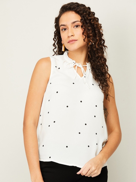 

Bossini White Geometric Print Tie-Up Neck Top
