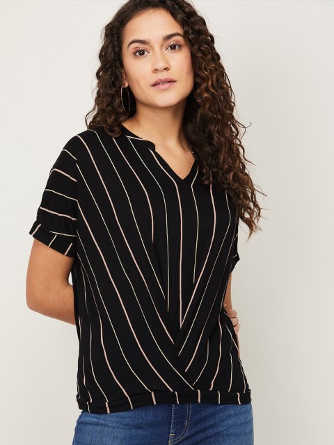 

Bossini Black & Beige Striped Mandarin Collar Extended Sleeves Top