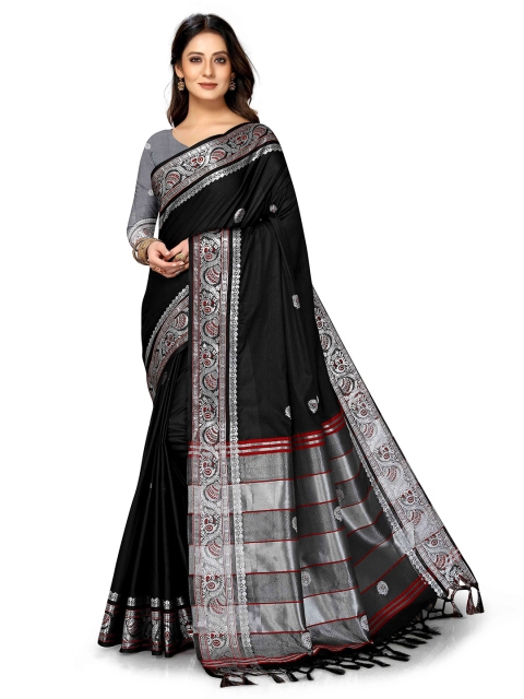 

VENISA Black & Silver-Toned Woven Design Zari Silk Blend Saree