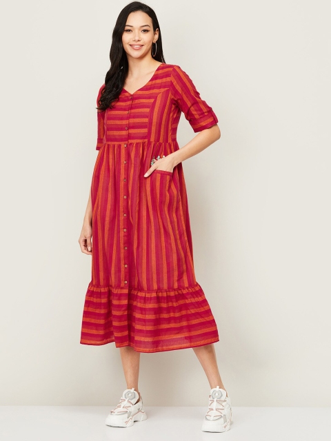 

Colour Me by Melange Woman Red Striped A-Line Midi Dress