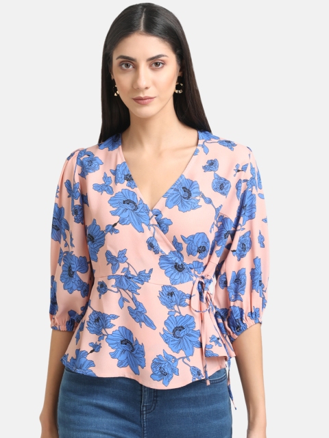 

Kazo Peach-Coloured & Blue Floral Print Wrap Top