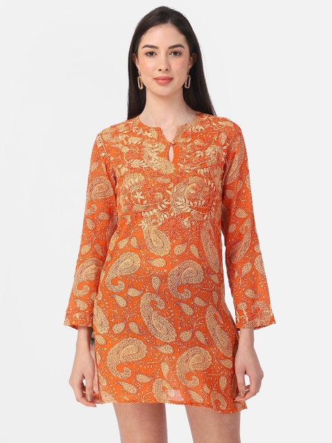 

Aditi Wasan Orange & Beige Paisley Printed Embroidered Tunic