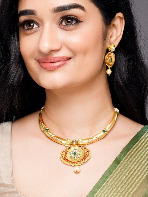 

Anouk Red & Green Gold-Plated Matt Finished Jewellery Set