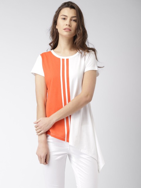 

Mast & Harbour Women Orange & White Colourblocked Round Neck T-shirt
