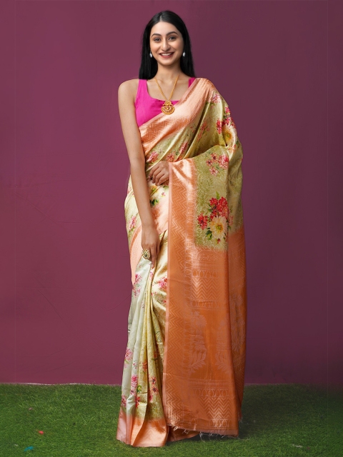 

Unnati Silks Green & Orange Floral Zari Silk Cotton Baluchari Saree
