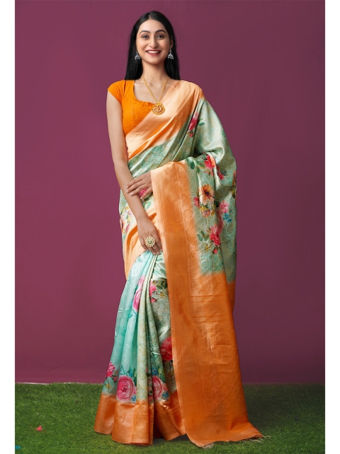 

Unnati Silks Green & Orange Floral Printed Silk Cotton Baluchari Saree