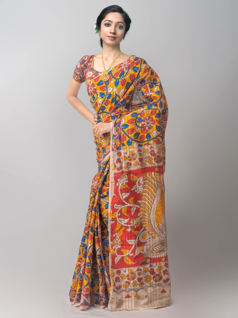 

Unnati Silks Orange & Blue Kalamkari Pure Cotton Kanjeevaram Saree