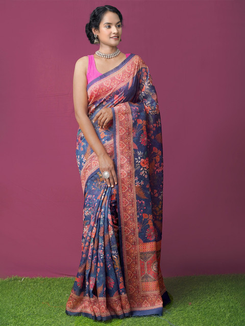 

Unnati Silks Blue & Pink Ethnic Motifs Printed Silk Cotton Chanderi Saree