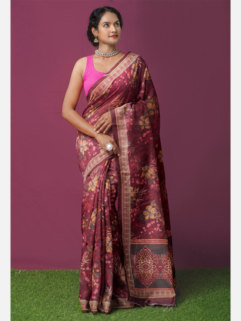 

Unnati Silks Maroon & Pink Floral Silk Cotton Chanderi Saree