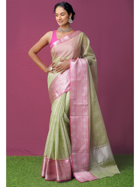 

Unnati Silks Green & Pink Woven Design Zari Tissue Kota Saree