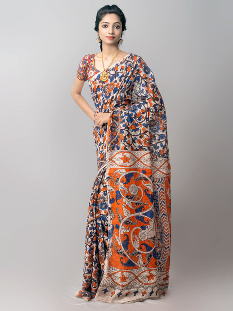 

Unnati Silks Cream-Coloured & Orange Kalamkari Pure Cotton Kanjeevaram Saree
