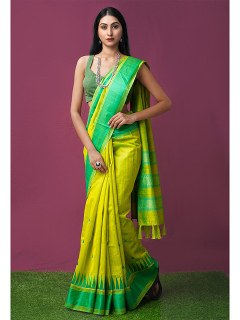 

Unnati Silks Green & Yellow Woven Design Silk Cotton Mysore Silk Saree