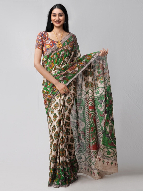 

Unnati Silks White & Green Kalamkari Pure Cotton Kanjeevaram Saree