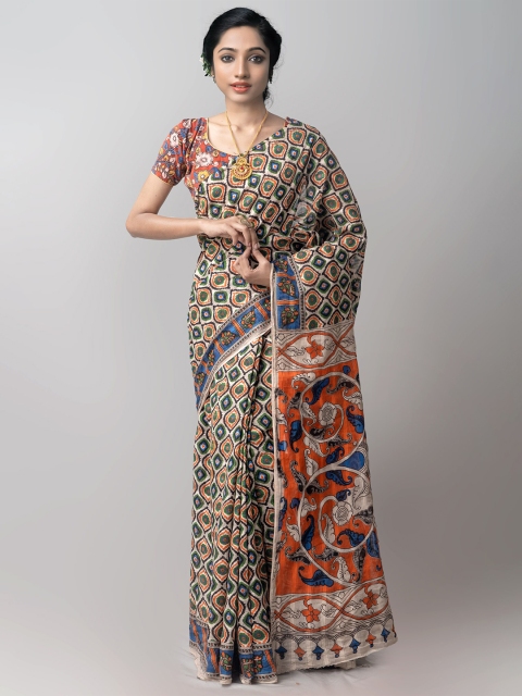 

Unnati Silks Cream & Blue Kalamkari Pure Cotton Kanjeevaram Handloom Saree