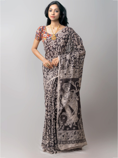 

Unnati Silks Black & Grey Kalamkari Pure Cotton Handloom Kanjeevaram Saree