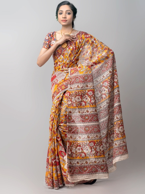 

Unnati Silks Orange & Beige Kalamkari Pure Cotton Kanjeevaram Handloom Saree