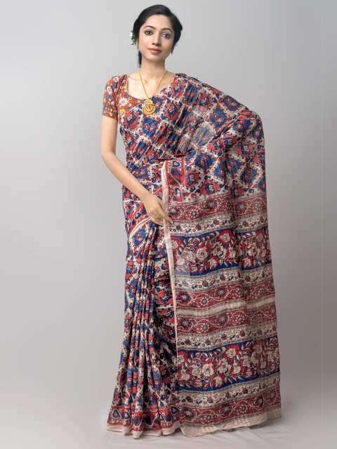 

Unnati Silks Cream-Coloured & Blue Kalamkari Pure Cotton Kanjeevaram Saree