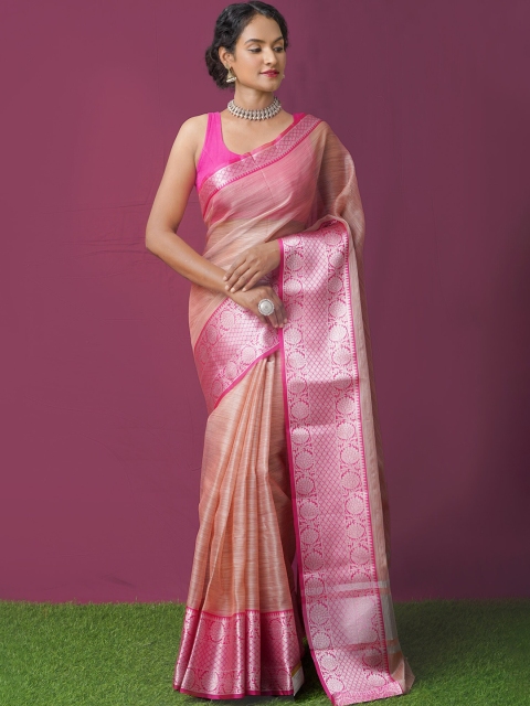 

Unnati Silks Pink & Silver-Toned Ethnic Motifs Zari Tissue Kota Saree