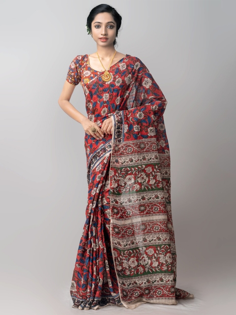

Unnati Silks Red & Cream-Coloured Kalamkari Pure Cotton Kanjeevaram Saree