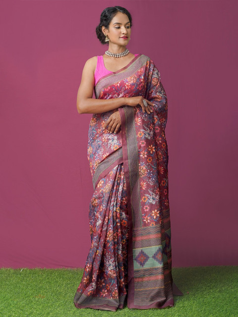 

Unnati Silks Maroon & Blue Ethnic Motifs Silk Cotton Chanderi Saree
