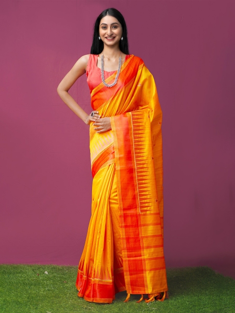 

Unnati Silks Orange & Yellow Striped Silk Cotton Mysore Silk Saree