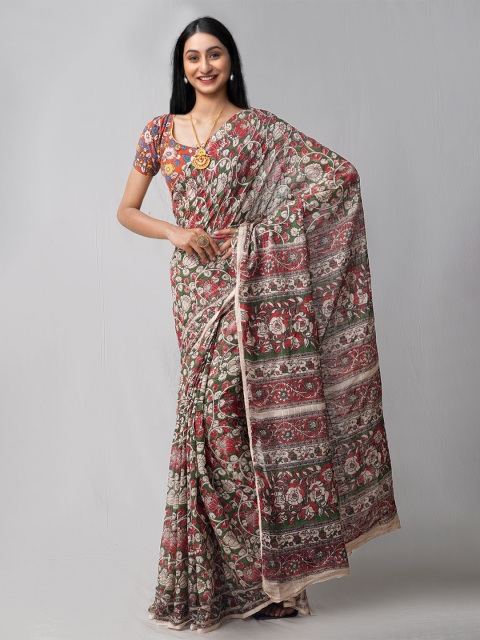 

Unnati Silks Green & Red Kalamkari Pure Cotton Kanjeevaram Saree