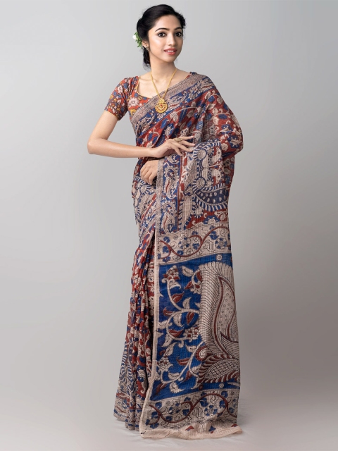 

Unnati Silks Maroon & Beige Kalamkari Printed Pure Cotton Handloom Kanjeevaram Saree