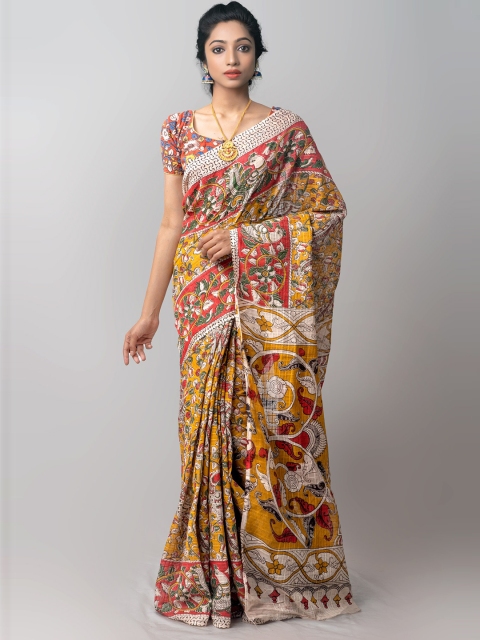 

Unnati Silks Yellow & Red Kalamkari Pure Cotton Kanjeevaram Saree