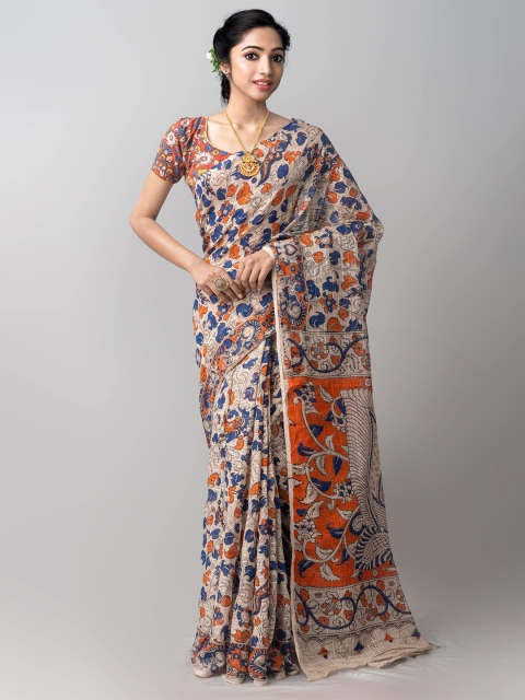 

Unnati Silks Cream-Coloured & Blue Kalamkari Pure Cotton Kanjeevaram Saree