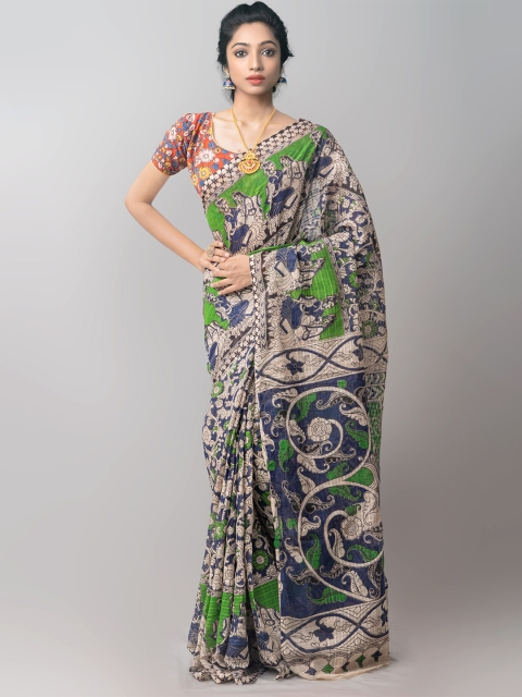 

Unnati Silks Blue & Beige Kalamkari Printed Pure Cotton Kanjeevaram Handloom Saree