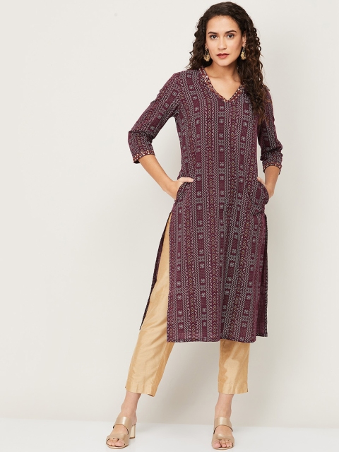 

Melange by Lifestyle Burgundy Ethnic Motifs Printed Mirror Work Cotton Kurta