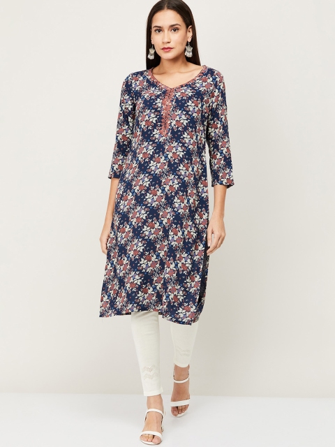 

Melange by Lifestyle Women Navy Blue Floral Printed Thread Work Kurta