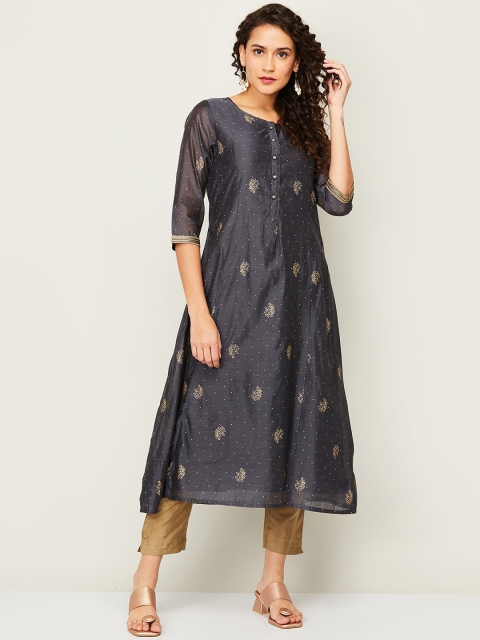 

Melange by Lifestyle Women Grey & Gold-Toned Ethnic Motifs Printed A-line Kurta