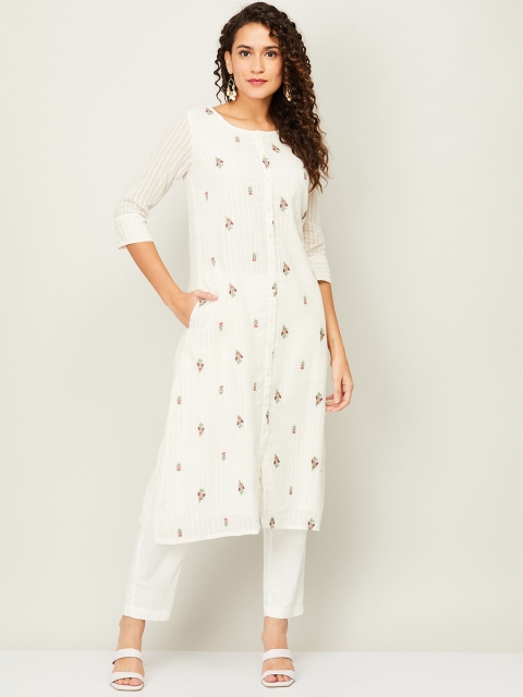 

Melange by Lifestyle Women Off White & Red Geometric Embroidered Thread Work Kurta