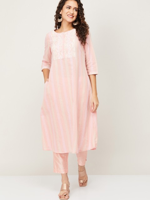 

Melange by Lifestyle Women Pink & White Ethnic Motifs Embroidered Kurta