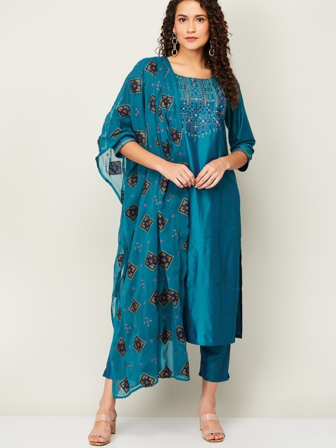 

Melange by Lifestyle Women Teal Floral Embroidered Kurti with Trousers & With Dupatta