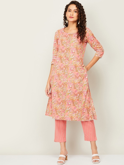 

Melange by Lifestyle Women Pink Floral Embroidered Pleated Pure Cotton Kurta Set